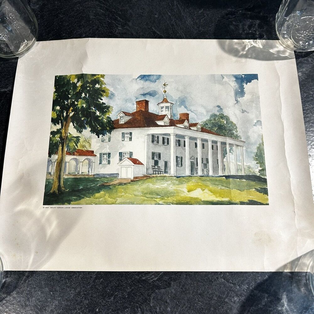 1937 Mount Vernon Ladies Association‎ Landscape Watercolor Print 15 x 12"